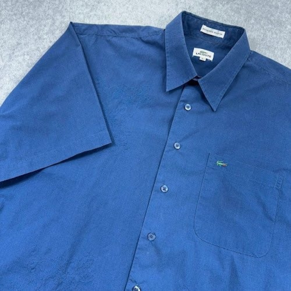 Lacoste Button Up Embroidered Shirt Mens L Blue Short Sleeve Crocodile Logo